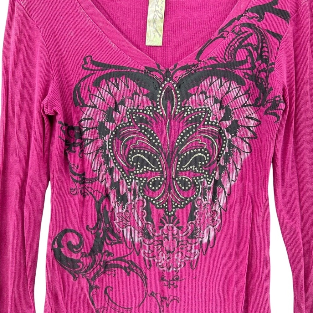 Y2K Live To Be Spoiled Heart Angel Pink Long Sleeve Thermal Fade V-Neck Shirt XL